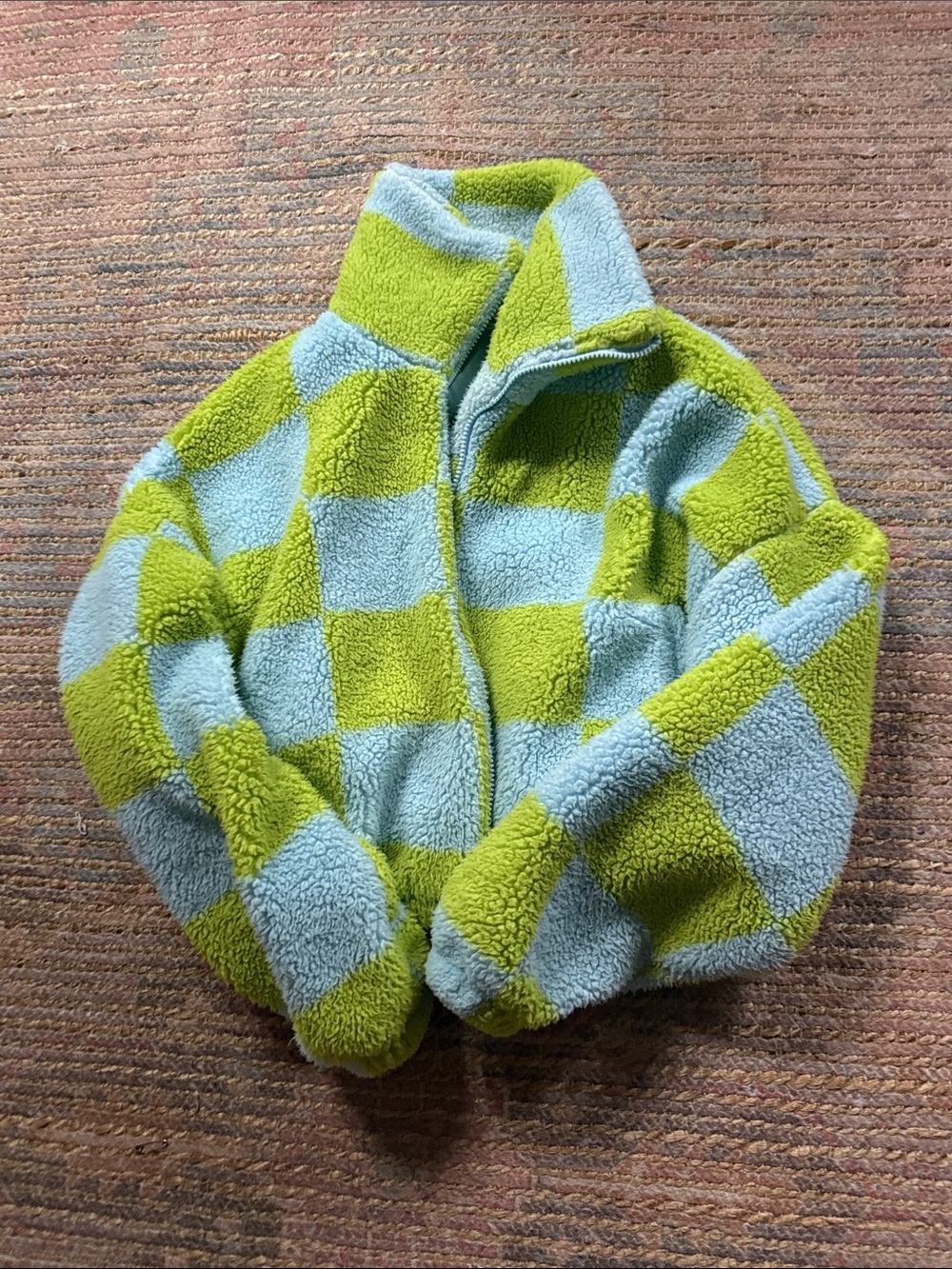 Urban Outfitters Woman’s Checkerboard Sherpa Jacket - Light Blue & Lime